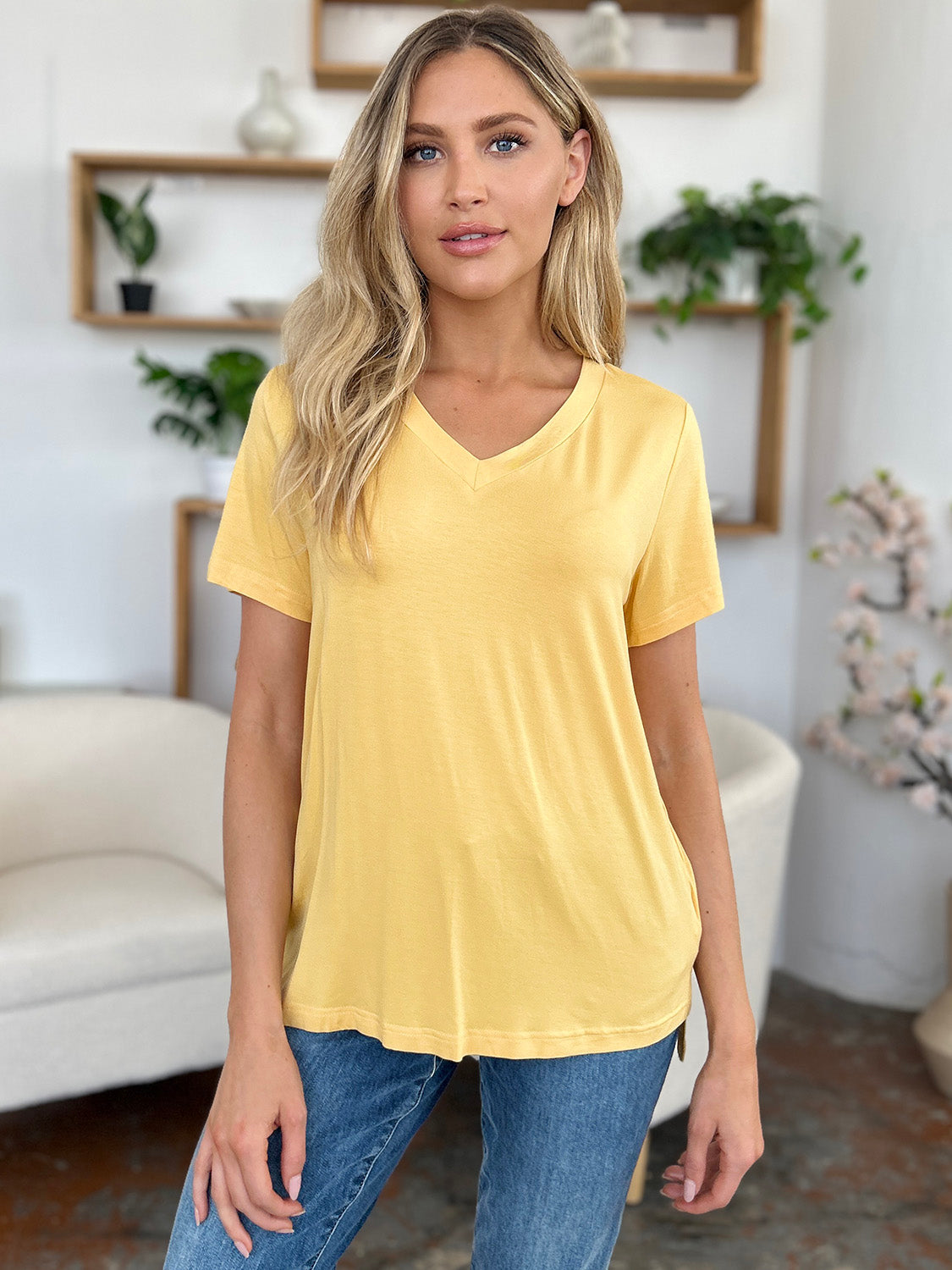 Camiseta básica Bae Bamboo de cuello en V, de talle alto y bajo, de talla grande