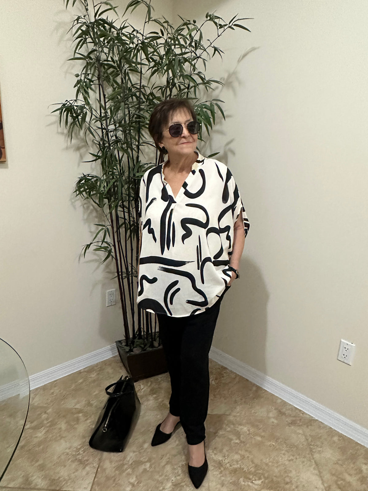 Perfee Printed Notched Half Sleeve Blouse