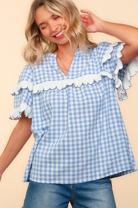 Haptics Full Size Plaid Scallop Hem Notched Short Sleeve Blouse