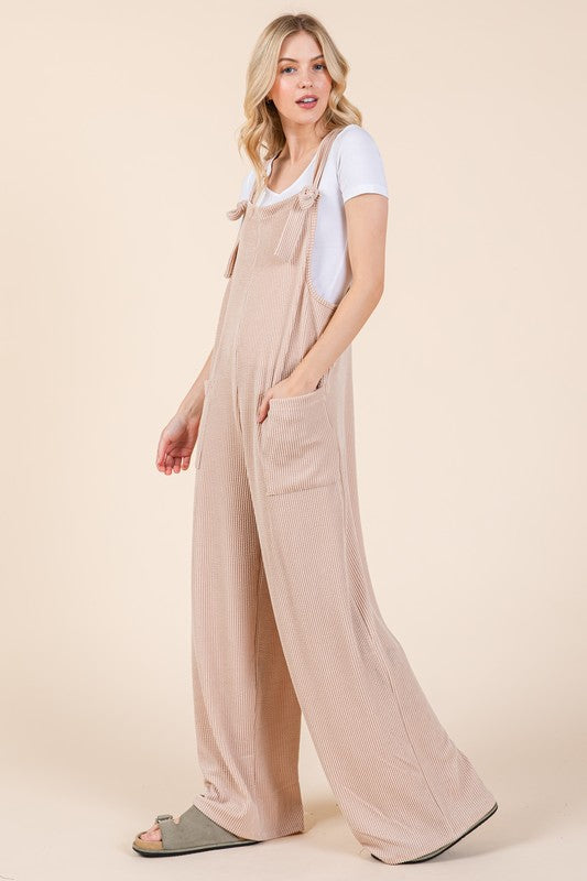 BOMBOM Knot Straps Wide Leg Ribbed Overalls with Pockets