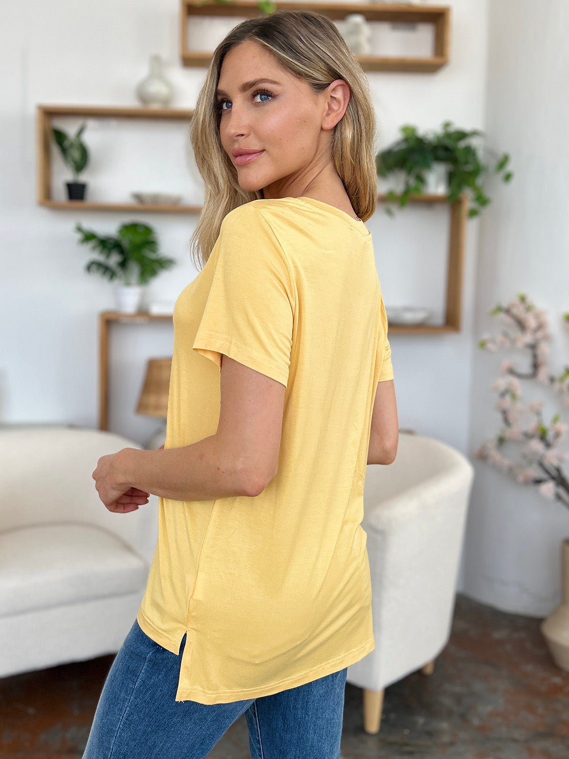 Camiseta básica Bae Bamboo de cuello en V, de talle alto y bajo, de talla grande