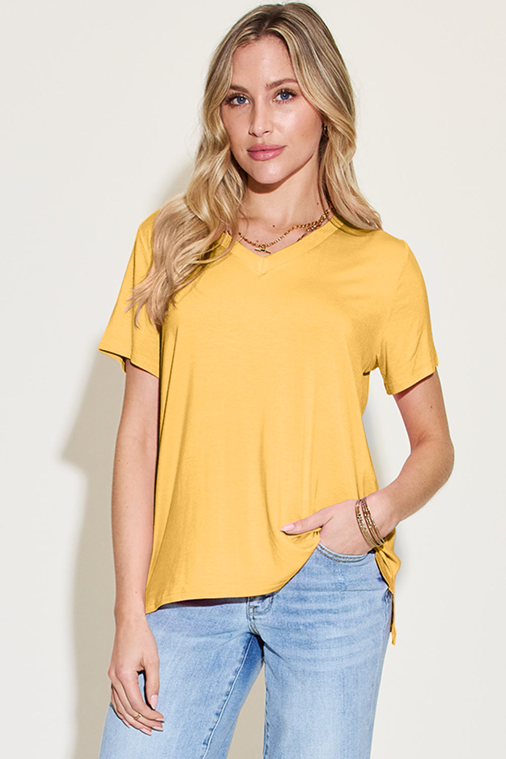 Camiseta básica Bae Bamboo de cuello en V, de talle alto y bajo, de talla grande