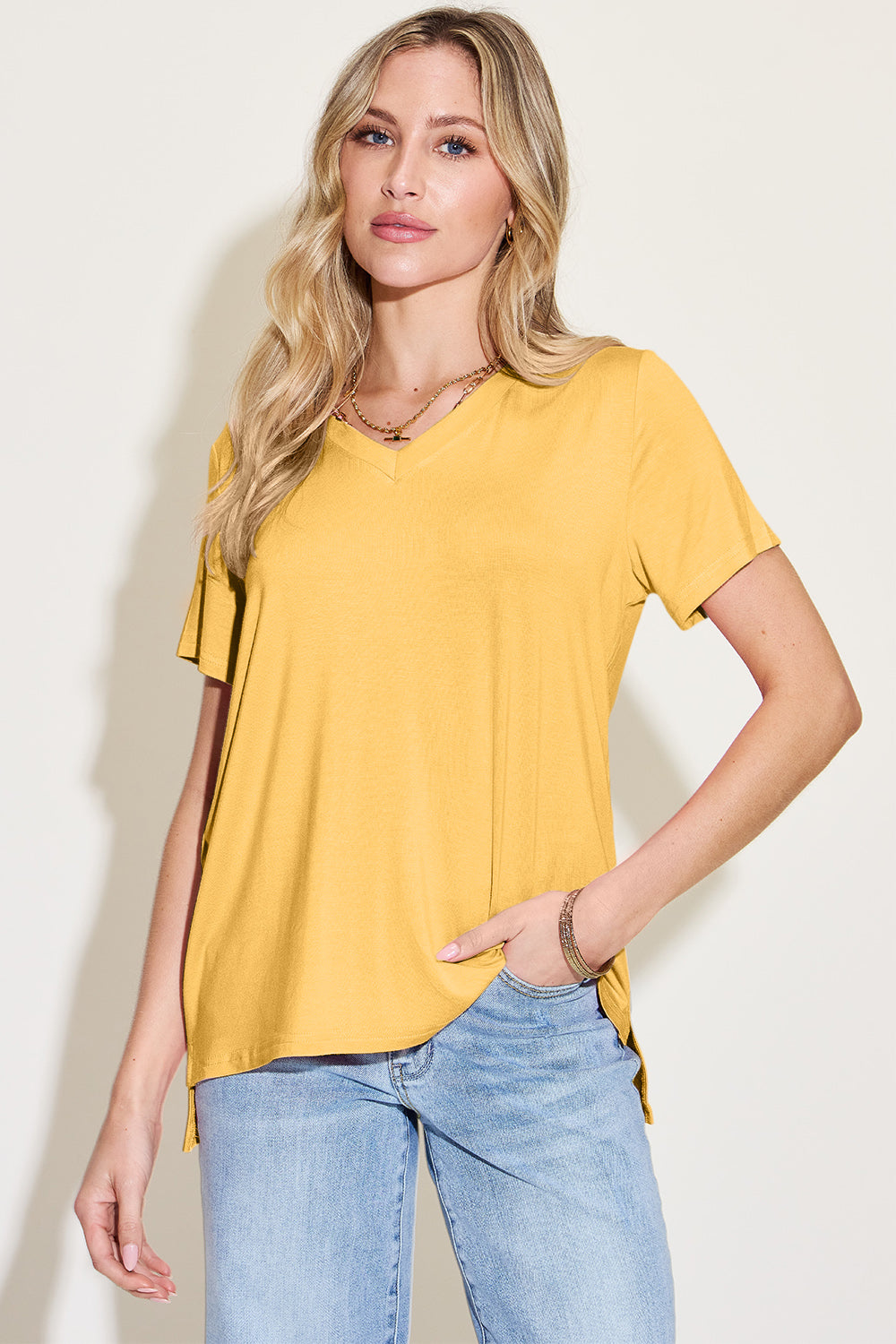 Camiseta básica Bae Bamboo de cuello en V, de talle alto y bajo, de talla grande